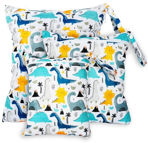 Rinfency 3 Stück Wetbag Groß Kindergarten für Baby Personalisiert Nappy Bag, Lässig Nasstasche Wechselwäsche Schwimmsachen wasserdichte Windeltasche, Klein Bikini Wet Bag Schwimmen Set (Dino)