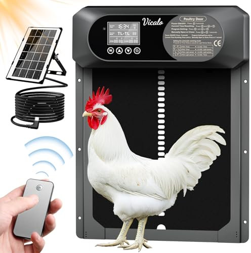 Vicalo Porte Automatique Poulailler, Large Porte Poulailler Automatique Solaire avec Télécommande, Écran LCD Étanche, 4 Modes Alliage D'aluminium Porte Automatique Poulailler Solaire Anti-Pincement