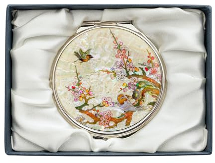 February Mountain Elegant Butterfly and Floral Mother of Pearl Compact Mirror, Dual Magnification (1X & 2.5X) – Lightweight Travel Makeup Mirror in Gift Box (Plum Blossom White)