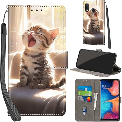 Handyhülle für Samsung Galaxy A20e / A10e Klapphülle Leder Wallet Katze | 3 Kartenfächer & 1 Geldfach, Magnetverschluss, Ständerfunktion, robuste premium PU leder klapphülle für Samsung A20e