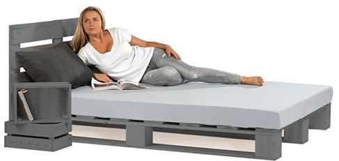 Lermowood Palettenbett M1 aus Holz 220 x 200 cm Grau mit Kopfteil Holzbett 20cm Stabiles Seniorenbett Kinderbett Jugendbett Gästebett erhöhtes Einzelbett Bettgestell Futonbett Komforthöhe Naturholz