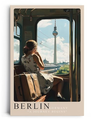 Paul Sinus Leinwandbild 60x90cm Leinwandbild Berlin Deutschland Reise beginnt Nostalgie Stadtbild Fernsehturm S-Bahn Fensterblick Vintage Atmosphäre