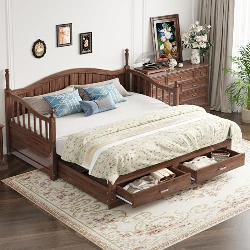Holzbett Tagesbett 90/180x190, Bettgestell mit Ausziehbett&2 Schubladen&Lattenrost, Einzelbett Doppelbett Kinderbett Gästebett mit römischen Säulen&geschwungener Rückenlehne&Armlehnen, Ohne Matratze