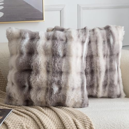 Madizz 2er Set Sanft Plüsch Kurze Wolle Samt Dekorativ Zierkissenbezüge Luxus Stil Kissenbezug für Sofa für Schlafzimmer Grau Taupe 65x65 cm