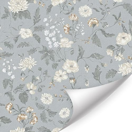 CHDITB Flower Wallpaper Blue,Boho Floral Wallpaper Self Adhesive,Blue Wall Paper Peel And Stick(44x300cm) Blue White Flower Bedroom Room Wall Stickers,Vintage Wall Decor for Bedroom Kitchen Cabinets