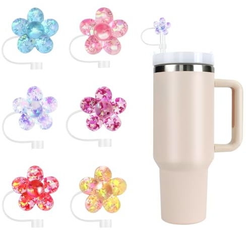 6PCS Straw Covers Cap for Stanley Cup, 10mm Silicone Straw Toppers, Reusable Tumbler Accessories Compatible with 10mm Straw for Women Girls Gifts (Flower)