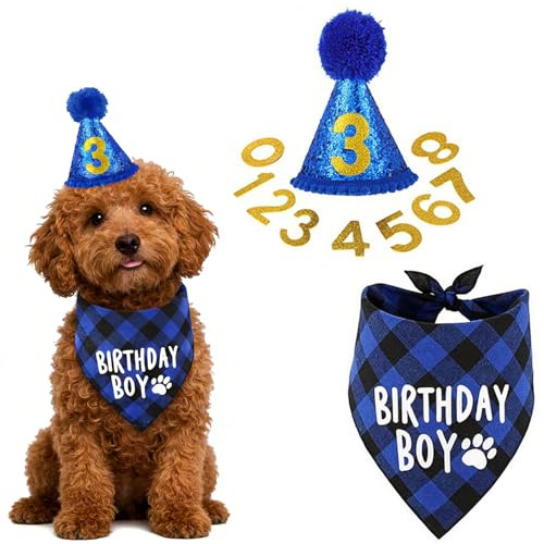 3 Stücke Hund Geburtstag Bandana Set, Hunde Geburtstags Niedliches Halstuch Mütze mit 9 Bling Nummern, Hunde-Geburtstagsparty-Zubehör, Haustier Geburtstags Deko für Katzen Kleine Mittelgroße Hund