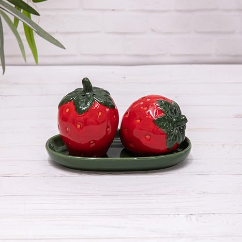 Strawberry Salt & Pepper Pots Ceramic Shaker Cruet Set on a Tray