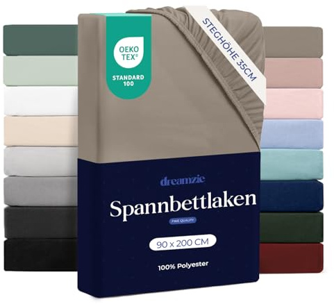 Dreamzie Spannbettlaken 90x200 cm - 100% Microfraser - Spannbetttuch für Dicke Matratzen bis zu 33 cm - Leinen - Schadstoffgeprüft (Oeko TEX), Bettlaken mit Gummizug