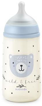 Suavinex, Biberon Anti Colique 270 ml avec Tétine Symétrique SX Pro en Silicone, Débit Moyen (M), pour Liquides de Densité Moyenne, Lait, Jus ou Eau. Bébés +3 Mois. Wild&Free, Bleu