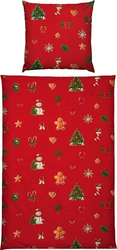 Erwin Müller Edelflanell Bettwäsche Lebkuchenmännchen, Tannenbaum, Schneemann, Weihnachten rot Größe 80x80 cm / 155x220 cm - kuschelige Wärme, temperaturausgleichend, mit Reißverschluss