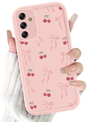 Phoona Case for Samsung Galaxy A26 5G 6.64, Cute Aesthetic Design Bow Cherry Preppy Pattern, Silicone Soft TPU Shockproof Protective Camera Cover Phone Case for Girls Women, Pink Bow