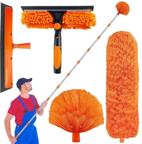 GAESHOW Kit limpiacristales telescópico 4 m, Limpiador de Cristales 2 en 1 con Cepillo de Microfibra y espátula de Goma, Cepillo para la Limpieza de Ventiladores de Techo