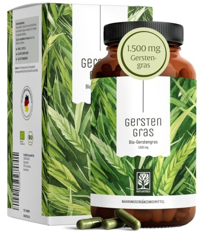 Naturtreu Bio Gerstengras Kapseln hochdosiert - 1.500 mg Gerstengras pro Tagesdosis - 180 Kapseln - hergestellt und angebaut in Deutschland - Vegan