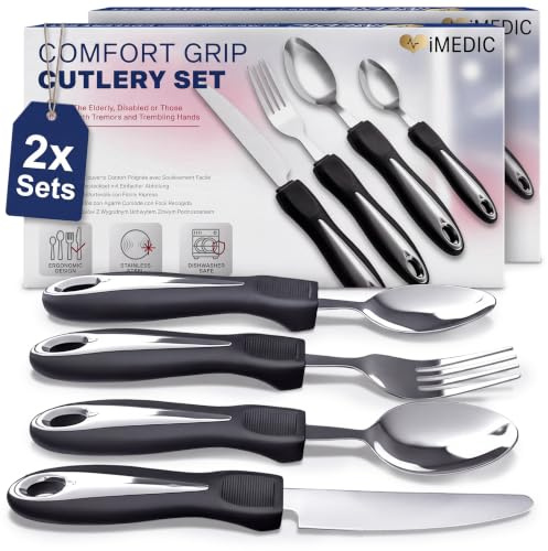 iMedic Easy Grip Cutlery for Arthritic Hands, Silver/Black, 2 Pack | Weighted adaptive tableware set for disabled adults