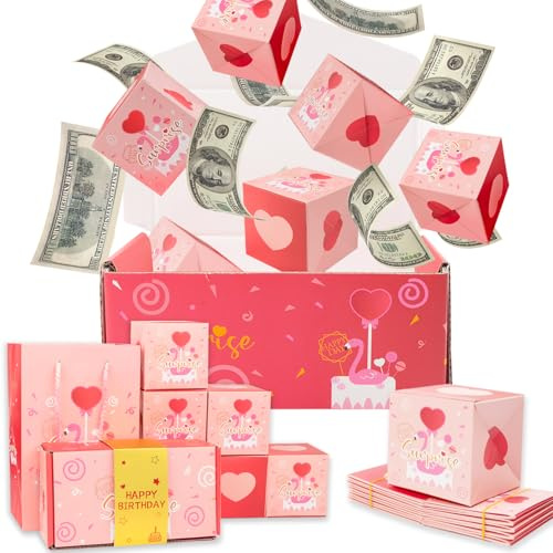 Geburtstagsgeschenkbox für Frauen und Mädchen, Geburtstagsgeschenktüte, Überraschungsbox, Geldgeschenkbox für Bargeld, kreative Pop-Up-Geldgeschenkbox, Geldzugbox, Rosa, 12 Bounce Boxen)