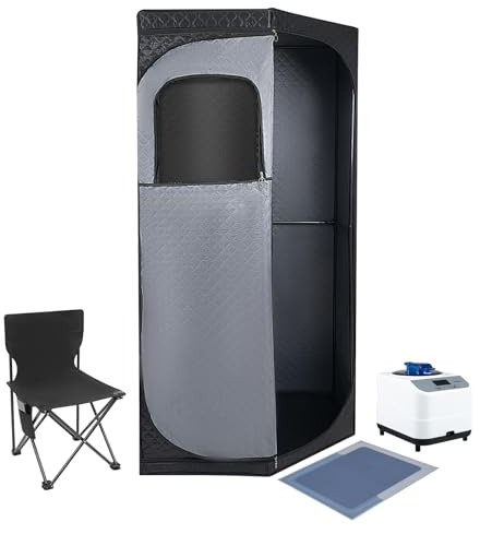 Heimsauna Set mit Dampfer, Saunazelt & Klappstuhl, 1350W/3L Tragbare Saunakabine für Zuhause, 9 Temperaturstufen, Schnellaufheizend, Hitzebeständige Baumwolle, Inkl. Anti-Rutschmatte & Tragetasche
