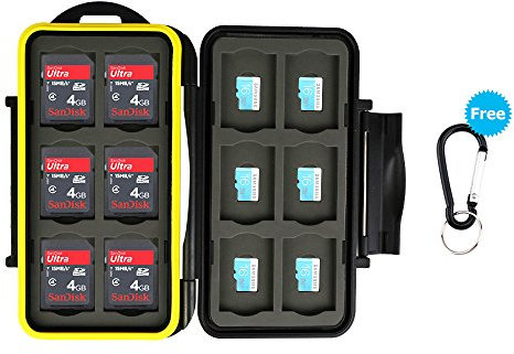 JJC Speicherkarten Tasche Wasserdicht Schutzhülle für 12 SDXC SDHC SD-Karten und 12 Micro SD-Karten mit Karabiner