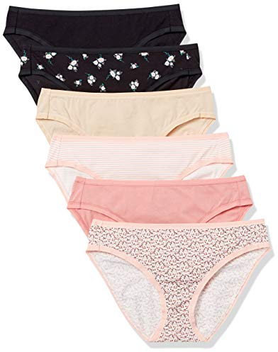 Amazon Essentials Bas de bikini en coton (grandes tailles disponibles) Femme, Lot de 6, Jaune Floral/Fleuri/Mini Rayures/Multicolore, 40