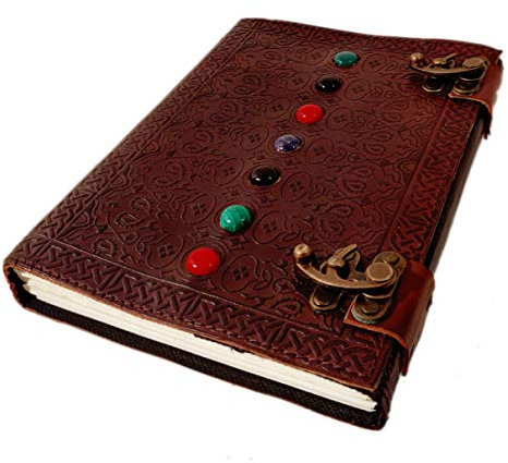 AzureGreen Lederbuch der Schatten, übernatürliches Notizbuch mit Chakra-Edelsteinen, Heilkristallen und Riegel, von AzureGreen (braunes Doppelschloss)