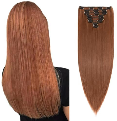 23 Long Straight Clip in Hair Extensions Full Head 8Pcs 18Clips Ombre Colorful Synthetic Hair Clip in Hairpiece Light Auburn