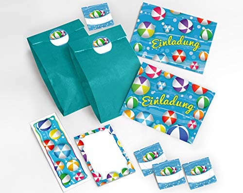 JuNa-Experten 12 Einladungskarten zum Kindergeburtstag Schwimmbad Party Wasserbälle Mädchen Jungen/Pool Party incl. 12 Umschläge, 12 Tüten/blau, 12 Aufkleber, 12 Lesezeichen, 12 Blöcke