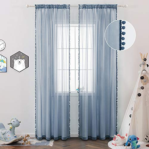 MIULEE Vorhänge mit Pompons-Niedlich Blau Gardinen 2-Set für Kinderzimmer, Transparent Gardinen mit Pompons für Wohnzimmer Jugendzimmer, Dekoschals Durchsichtig Vorhang mit Bommeln,2XH 280 X B 140cm