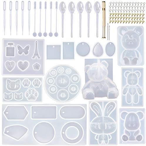 EuTengHao 132Pcs Tierische Silikonformen DIY Harzgussformen Kit Enthält 4 Bären Harzformen 3D Bär Kaninchen Katze Pfotenform Eiffelturm Schmuck Kristallharzform