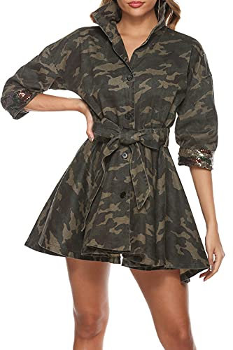 Vakkest Camo Blazer Jacke für Damen, Revers, langärmelig, offene Vorderseite, Cardigan, Mantel, klassische Taschen, Overcoat, Pailletten Camo, Large