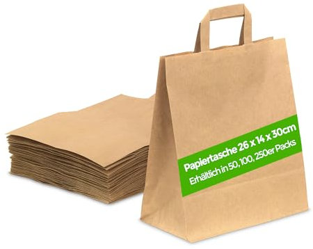 ECOCLEO® Papiertüten mit Henkel | 50 Stück Feste Papiertaschen, Braun, Biologisch Abbaubar | 26cm x 14cm x 30cm