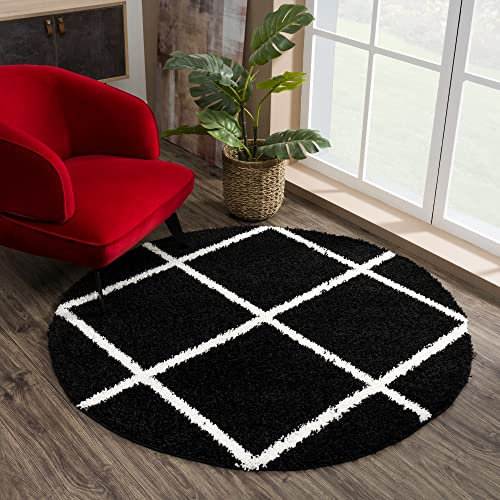 SANAT Madrid Shaggy Teppich Rund - Hochflor Teppiche für Wohnzimmer, Schlafzimmer, Küche - Schwarz, Größe: 80 cm