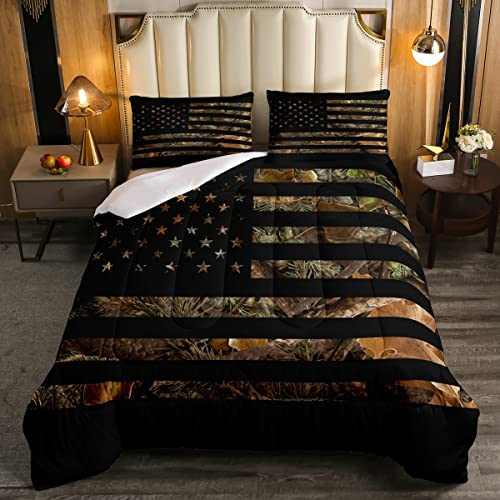 Camouflage-Bettwäsche-Set mit amerikanischer Flagge, Militär, Jagd-Bettwäsche-Set mit rustikalen Bäumen, Blättern, Camouflage, für Jungen, Teenager, Kinder, Herren, Bettwäsche-Set, 3-teilig