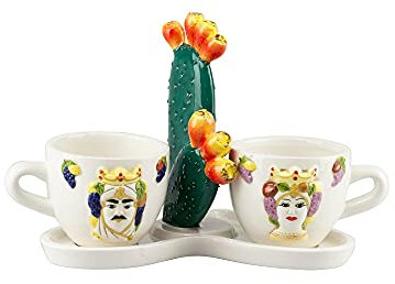 ILAB, Bomboniera matrimonio set tazzine caffè con manico e vassoio in ceramica siciliana harmony decorati a mano art PRMT21409