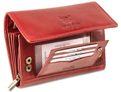 MATADOR XXL Portefeuille Femme Long Grand Format en Cuir Véritable | avec Blocage RFID certifié TÜV et Boîte Cadeau | Porte-Monnaie Grande Capacité | Porte-chequiérs Grande Taille Porte-Cartes Rouge