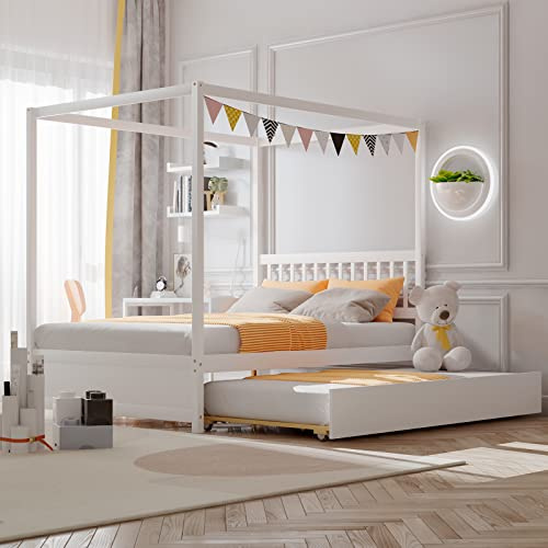 Giantex Bettrahmen mit Ausziehbett, volle Größe, Kinderbett, Massivholz, Plattform-Bettrahmen mit Kopfteil, Holz-Doppelbett für Jungen und Mädchen, kein Boxspringbett erforderlich (weiß)