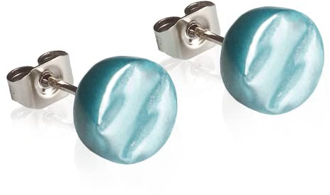 Runde Ohrstecker mit dunkelgrünem Stein in Perlmuttoptik • Bunte Ohrringe für Damen • Nachhaltiger Modeschmuck aus Edelstahl & Glas • Ø 8mm
