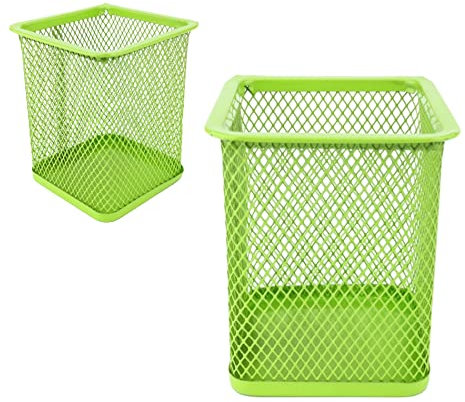 LEVIATAN- 2 Stück - Metall eckig Stifteköcher | Stiftehalter Würfel aus Drahtmetall | Mesh Multifunktions Becher für Kugelschreiber Limonenfarben