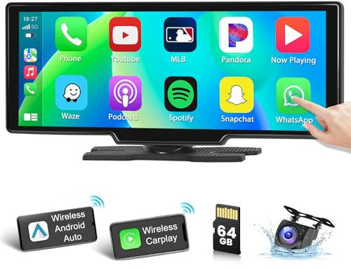 [1080P Reverse Camera]10.3 inch Portable Wireless Carplay Android Auto Screen for Car, Full HD Car Touch Screen Bluetooth Radio, Car Play Radio Dual Bluetooth GPS AUX Voice Control Mirror Link FM