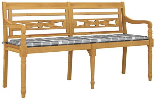 vidaXL Batavia-Bank mit Kissen Grau Karomuster 150 cm Massivholz Teak