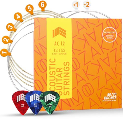 MOOZAK Jeu de cordes pour guitare acoustique 80/20 Bronze pour guitare 6 cordes 12-53 Light avec 2 cordes et 3 médiators