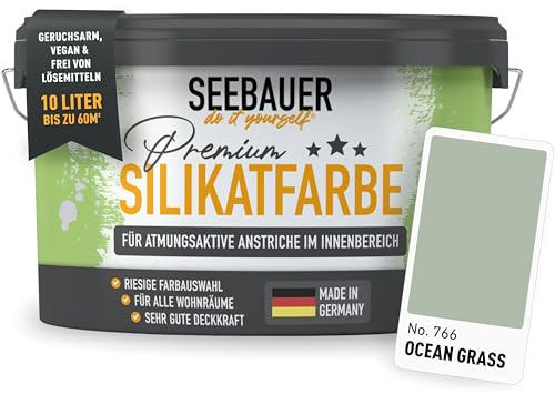 SEEBAUER diy Silikatfarbe Hellgrün 10L für Innen (No. 766 Ocean Grass) Atmungsaktive Mineralfarbe für Allergiker - Abwaschbare Wandfarbe - Grüntöne hohe Deckkraft