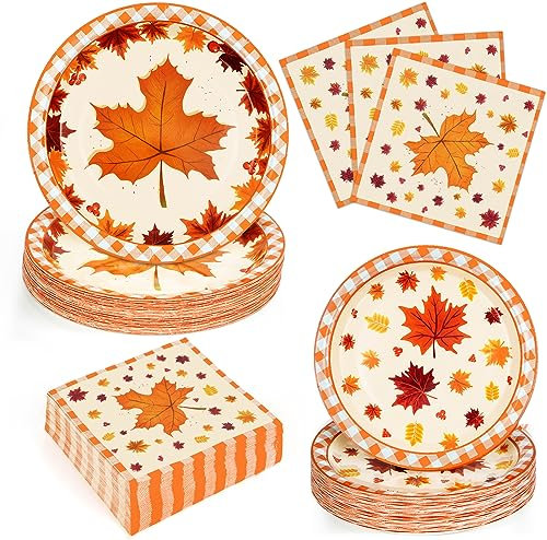 Homlouue 200pcs Thanksgiving Paper Plates and Napkins Sets with Fall Maple Leaf for Autumn Harvest Holiday, Disposable Party Supplies Includes 50 Dinner Plates 50 Dessert Plates 100 Napkins, 50 Guests