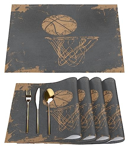 Vintage Basketballkorb Platzsets, hitzebeständig, schmutzabweisend, rutschfest, für Party, Küche, Esstisch, waschbar, langlebig, wiederverwendbar, 30,5 x 45,7 cm, 4 Stück