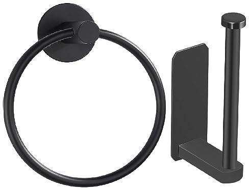 Bathroom Hardware Accessories Set - Self Adhesive Toilet Paper Roll Holder and Hand Towel Ring Set, SUS 304 Stainless Steel Wall Mounted Rack, No Drilling Easy to Installation (Black)