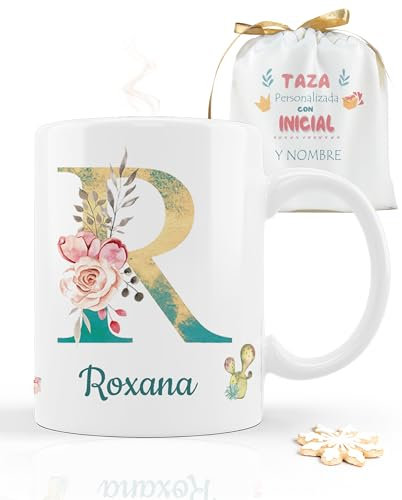 Taza Personalizada Con Nombre E Inicial Diseño Floral Mujer Regalo Cumpleaños Original Amiga Mamá Apta Microondas Lavavajillas Cerámica Blanca 325Ml Frase Personalizable Idea Detalle Emotivo