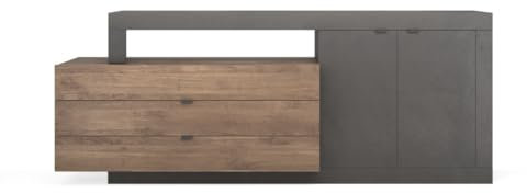 PRICE FACTORY just for you Vitrine Design avec Portes vitrées et étagéres en Verre, Collection Jet, Blanc laqué Brillant/Gris Aspect béton