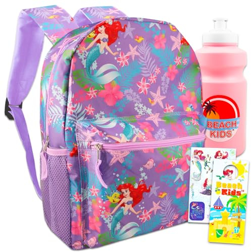 Disney Little Mermaid Rucksack Kinder - Bundle mit 40,6 cm Ariel Rucksack, Wasserflasche, Aufklebern, mehr | Die kleine Meerjungfrau für Mädchen, Disney Prinzessinnen-Rucksack, Princess Ariel Backpack