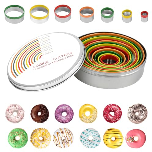 HEKOBAG 12 Piece Round Cookie Cutters Set, Stainless Steel Cookie Biscuit Cutter with Colorful Rubber Coating Pastry Cutters in 12 Sizes Scone Cutters for Dough, Pastry, Donut, Fondant, DIY