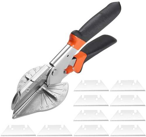 GIONAR Mitre Shears Set, Multi Angle Trim Cutter with 10 Replacement Spare Blades, Electrician Multifunctional Trunking Scissors for Cutting Soft Wood, Plastic, PVC, Cut at 45 to 135 Degrees