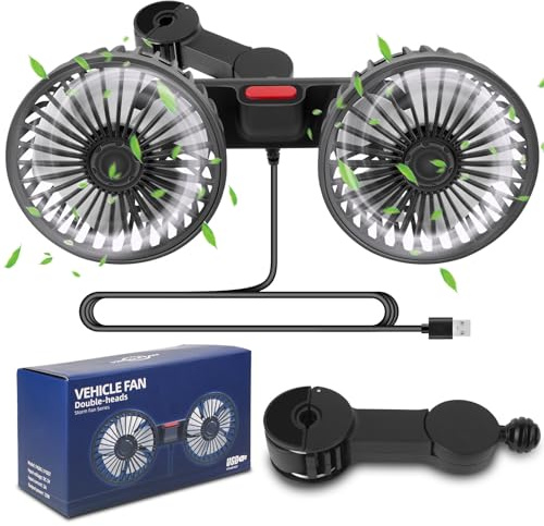 TGKYK Auto Ventilator, 5V 2A Doppelkopf Kopfstütze Autolüfter, 3 Gang Einstellbar Auto Ventilator für Rücksitz, Auto Lüfter 360° Drehbar, USB Ventilator Auto, Rücksitz-autoventilator für Autos